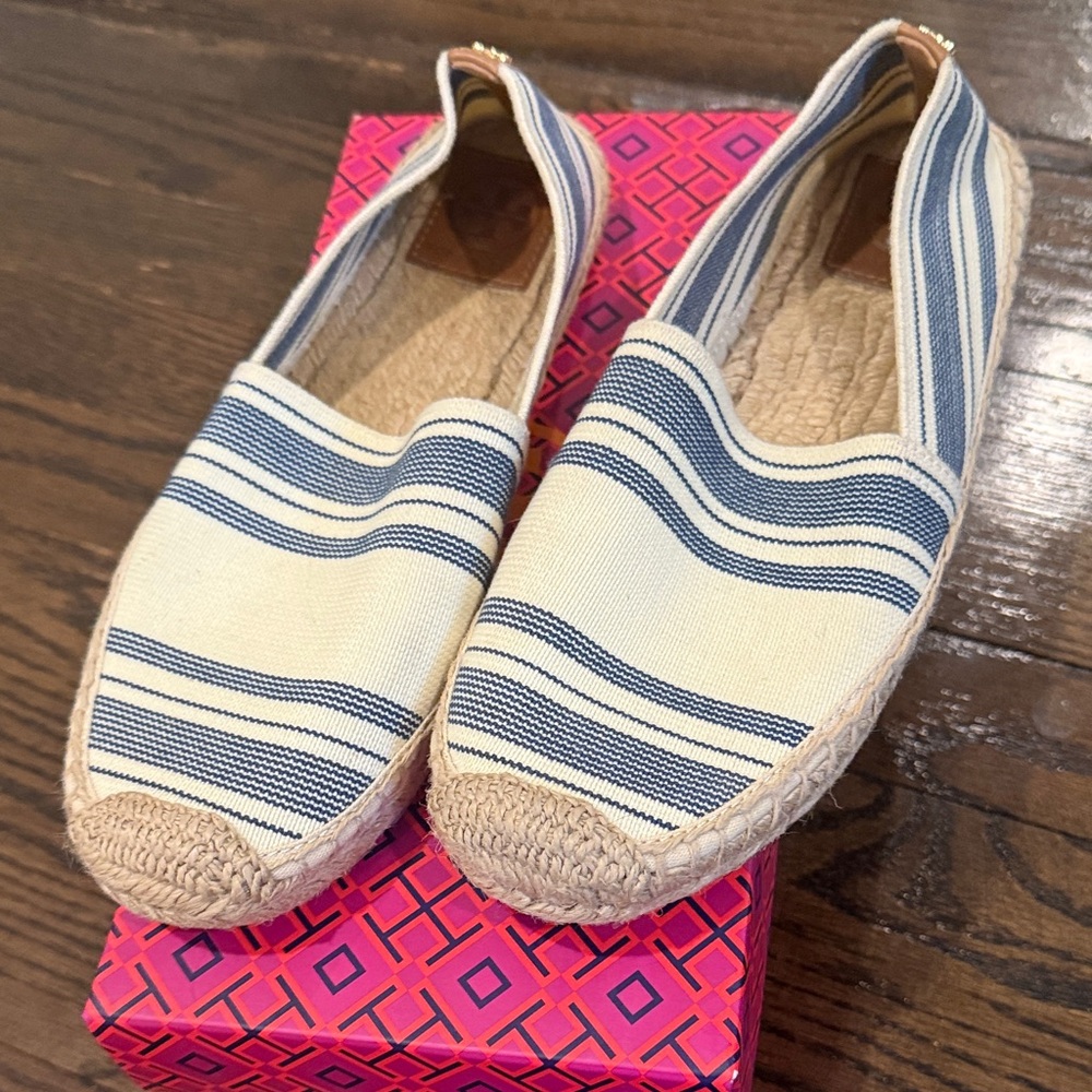 Tory Burch Blue and Cream Espadrilles